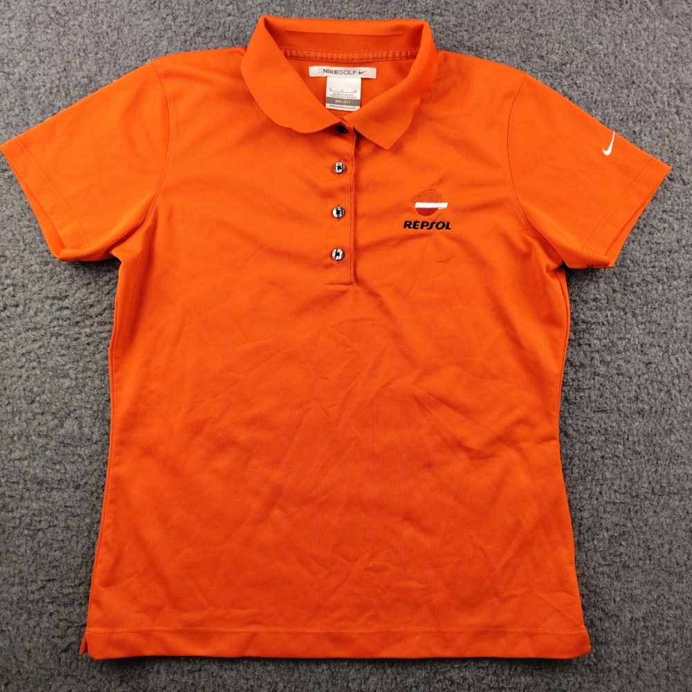Nike Golf Dri-FIT Polo Shirt Womens Small Orange Repsol Logo Short Sleeve Sport
